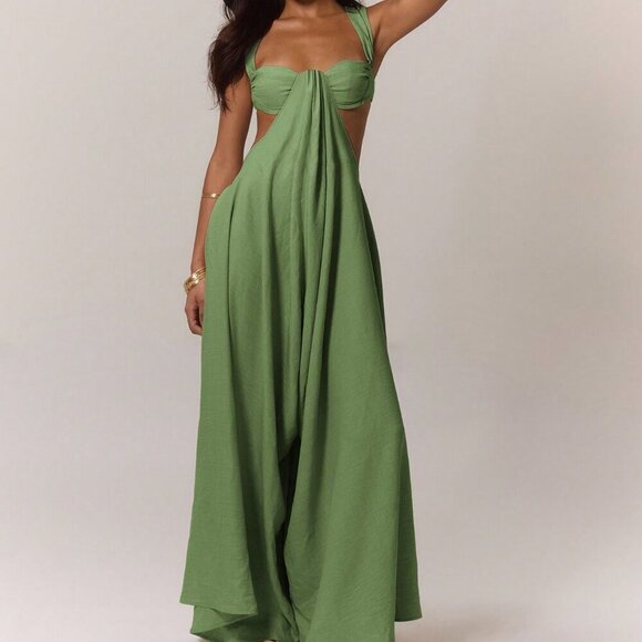 Army Green Casual Women's Boho Ruched Bust Extreme Wide Leg Jumpsuit - Picture 4 of 5